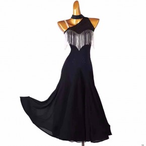 Black competition ballroom dance dresses for women girls slant neck tango waltz dancing long gown for girls female